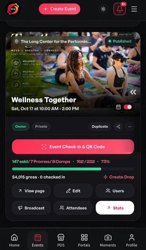 Wellness Together event card with ticket sales and gross revenue