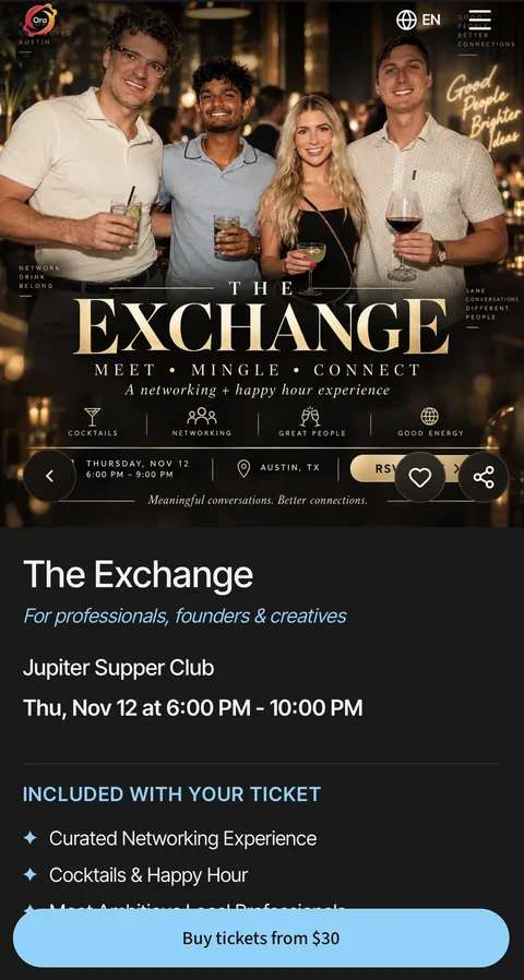 The Exchange business and networking event page on Ora