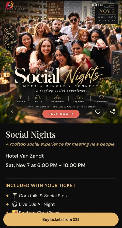 Social Nights event page on Ora