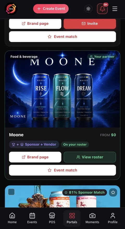 Ora sponsor and vendor portal showing Moone on an organizer roster